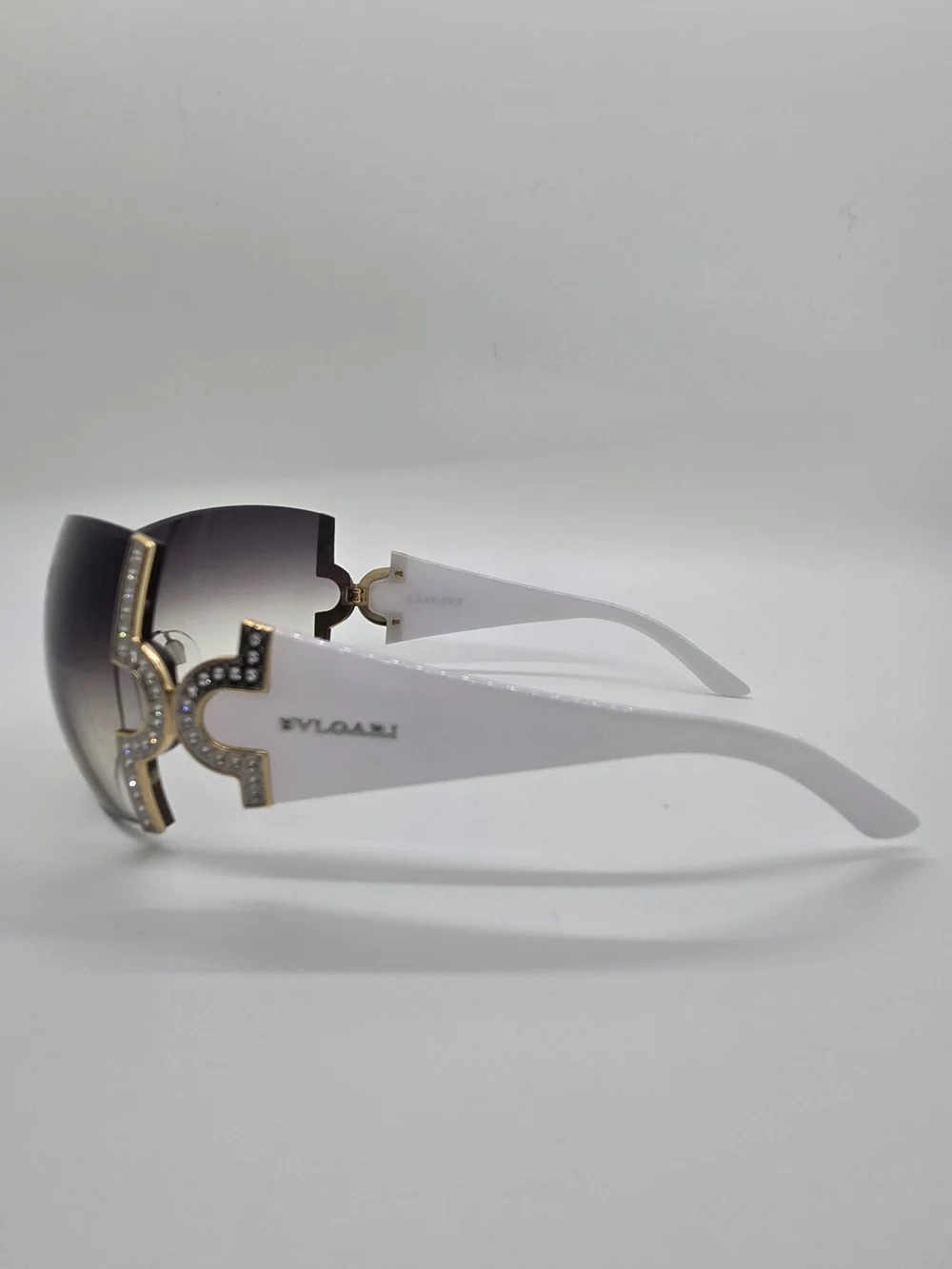 Bvlgari White and Gold, Swarvoski Crystal-Embellished Shield Sunglasses, Vintage